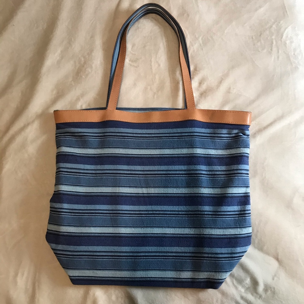 Blue stripe cotton zippered tote with leather trim - Picture 2 of 4